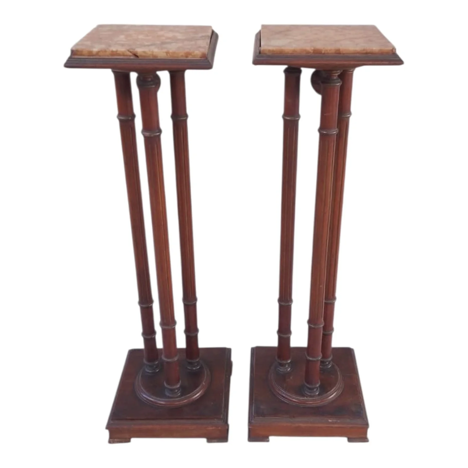 Juego X2 pedestales madera torneada y mármol